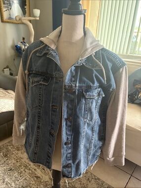 Kensie Blue Denim Jacket with Gray Hooded Sleeves